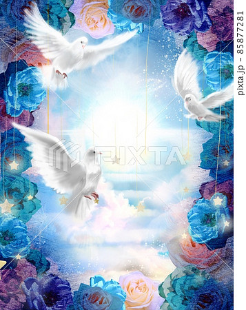 薔薇のアーチと平和の象徴白い鳩が天国を仲良く飛んでいるイラストのイラスト素材
