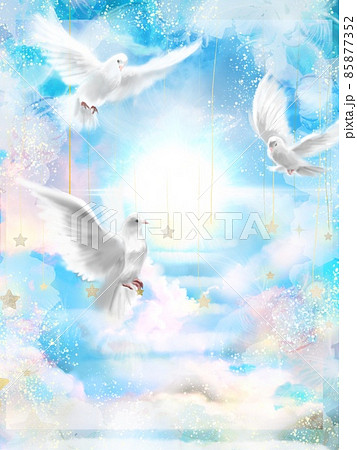 平和の象徴白い鳩が天国を仲良く飛んでいるイラストのイラスト素材
