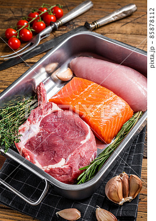 Protein diet - raw meat steaks salmon, beef or veal and turkey breast fillet. Wooden background. Top view Protein diet - raw meat steaks salmon, beef or veal and turkey breast fillet. Wooden background. Top view 85878112