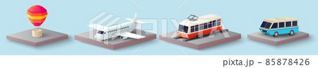 Transport isometric icon set, vector isolated illustration. Paper cut hot air balloon, plane, bus and tram. 85878426