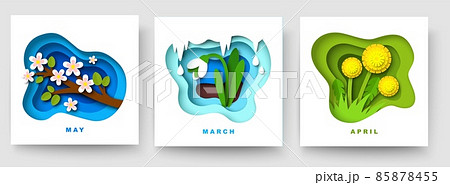 March, April and May spring month floral composition set, vector paper cut illustration. Spring card, calendar template. 85878455