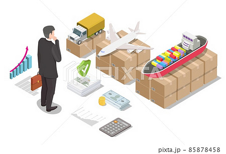 Businessman choosing cargo shipping and logistic company. Sea, air, road freight delivery, vector isometric illustration 85878458