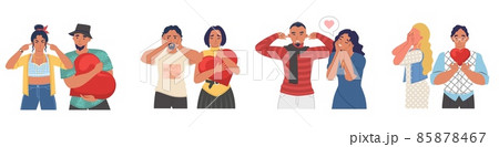 Unrequited love couple set, vector isolated illustration. Non reciprocal or one sided love. 85878467