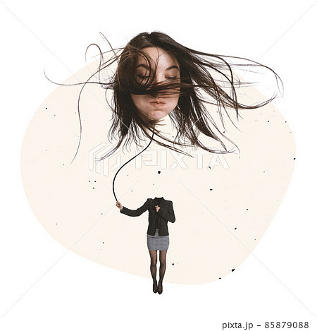Contemporary art collage. Employee, office worker holding flying head symbolizing work overload and stress 85879088
