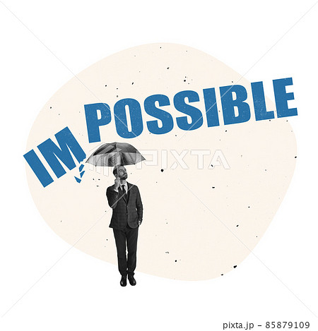 Contemporary art collage. Motivation design. Businessman standing under umbrella symbolizing that everything is possible Contemporary art collage. Motivation design. Businessman standing under umbrella symbolizing that everything is possible 85879109