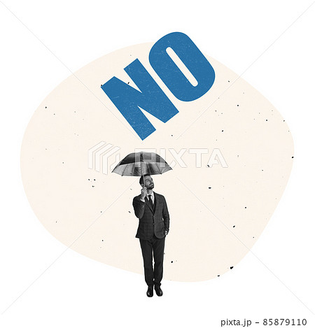 Cotemporary art collage. Businessman sandiong under umbrella and no word. Cotemporary art collage. Businessman sandiong under umbrella and no word. 85879110