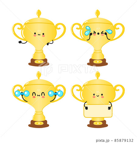 Funny cute golden trophy cup characters bundle set. Vector hand drawn doodle style cartoon character illustration icon design. Cute happy golden trophy cup mascot character collection 85879132