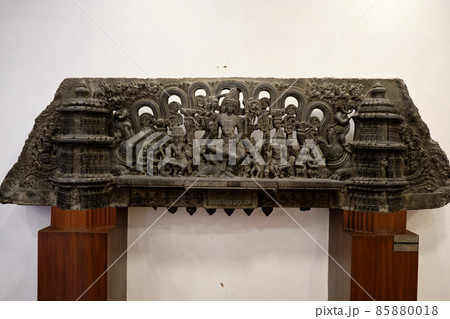 Ornamental stone carved lintel relief showing trinity of gods - Brahma, Vishnu and Shiva, in the National Museum of India in New Delhi Ornamental stone carved lintel relief showing trinity of gods - Brahma, Vishnu and Shiva, in the National Museum of India in New Delhi 85880018