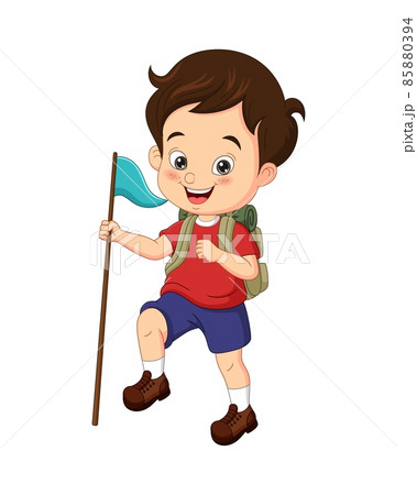 Cartoon happy boy scout holding a flag Cartoon happy boy scout holding a flag 85880394