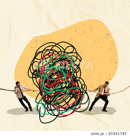 Contemporary art collage. two office workers, employees pulling tangled ball, trying to find solution and solve the problem 85881585