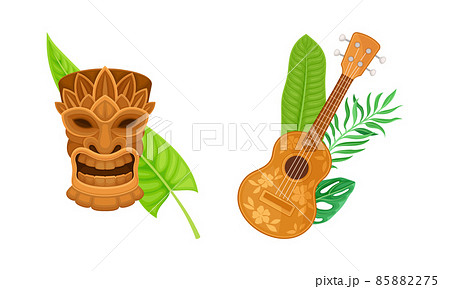 Hawaii symbols set. Tiki mask and guitar cartoon vector illustration Hawaii symbols set. Tiki mask and guitar cartoon vector illustration 85882275