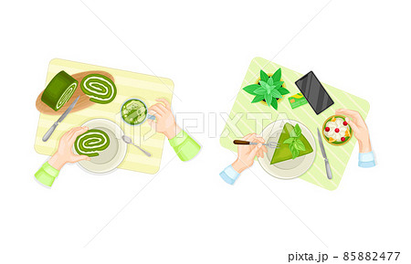 Female hands and delicious green matcha tea desserts, top view vector illustration Female hands and delicious green matcha tea desserts, top view vector illustration 85882477