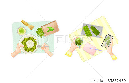View from above of hands and delicious green matcha tea desserts set vector illustration View from above of hands and delicious green matcha tea desserts set vector illustration 85882480