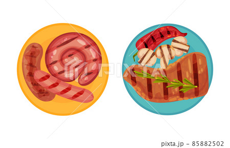 Grilled food set. Meat steak and sausages served on plates with vegetables. Top view of delicious dishes for barbecue party menu vector illustration 85882502