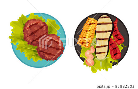 Grilled food set. Beef steak and vegetables served on plates. Top view of delicious dishes for barbecue party menu vector illustration 85882503