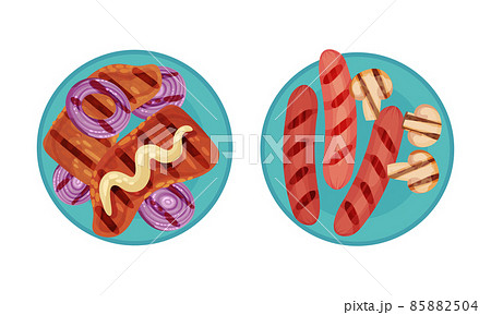 Grilled food set. Meat steak and sausage served on plates. Top view of delicious dishes for barbecue party menu vector illustration 85882504