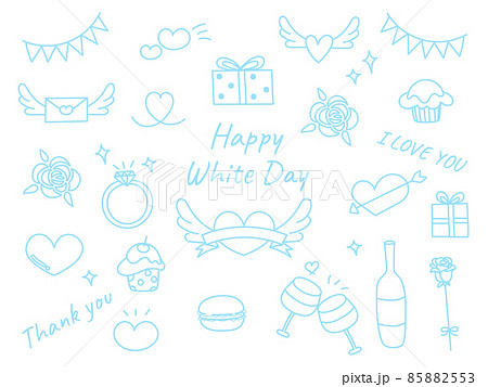 手描きのホワイトデー線画イラストセット水色のイラスト素材 [85882553