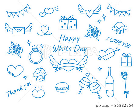 手描きのホワイトデー線画イラストセットブルーのイラスト素材