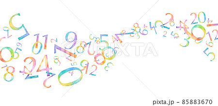 レインボーカラーの数字の水彩イラスト。時間、数字の流れのイメージ。 85883670