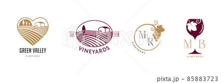 Wine, vineyard, organic natural winery logo collection. Vineyard field and grapes symbols and icons Wine, vineyard, organic natural winery logo collection. Vineyard field and grapes symbols and icons 85883723