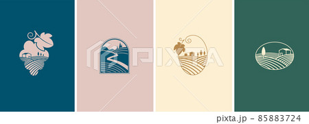 Wine, vineyard, organic natural winery logo collection. Vineyard field and grapes symbols and icons  85883724