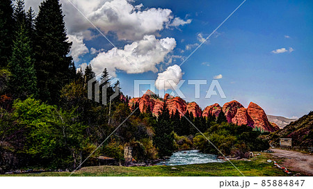 Panorama view to Jeti-Oguz aka Seven Bulls canyon Kyrgyzstan 85884847