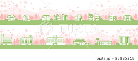 桜の咲く春の街並みのイラスト 85885319