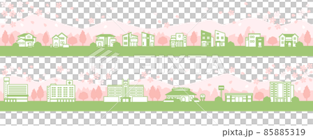 桜の咲く春の街並みのイラスト 85885319