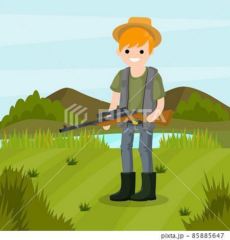 Man hunter with a gun. Survival in the woods. 85885647