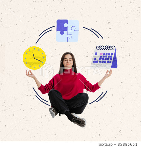 Contemporary art collage. young girl, office worker sitting in yoga pose and meditating with time management cycle 85885651