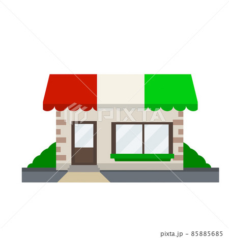 Italian shop. Building of store and pizzeria. Red green sign. Italian shop. Building of store and pizzeria. Red green sign. 85885685
