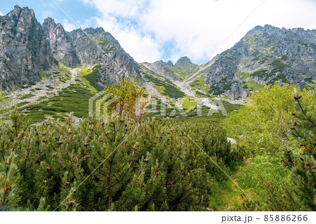 High Tatra mountains peak with the blue sky and clouds on the background in Slovakia. Tourist trails for hiking in summer High Tatra mountains peak with the blue sky and clouds on the background in Slovakia. Tourist trails for hiking in summer 85886266