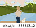 cartoon and flatart design for springtime travel concept with solo woman stand at side of lake with her cat 85886312