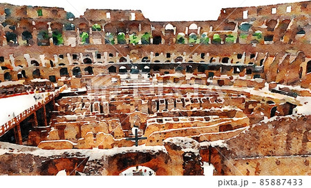 Watercolor painting of a glimpse of one of the amphitheaters in Rome in Italy. 85887433