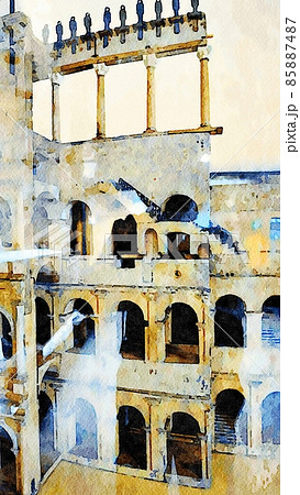 Watercolor painting of a glimpse of the ruin of one of the amphitheaters in Rome in Italy. 85887487