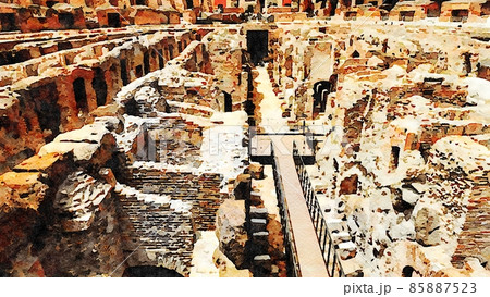 Watercolor painting of a glimpse of one of the amphitheaters in Rome in Italy. Watercolor painting of a glimpse of one of the amphitheaters in Rome in Italy. 85887523