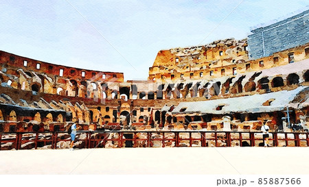 Watercolor painting of a glimpse of one of the amphitheaters in Rome in Italy. 85887566