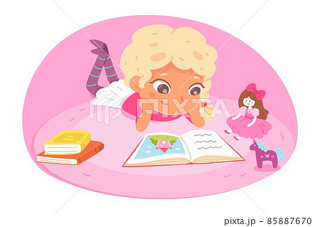 Little girl reading book at home. Happy clever child learning activity vector illustration. Kid lying on floor with books with picture, doll and toy. Bedroom interior background 85887670
