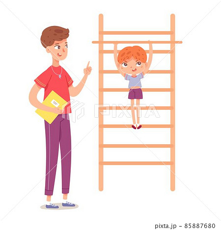 Kid doing pull ups in physical education class at school. Child with teacher doing exercise on ladder in PE vector illustration. Boy hanging on bar, coach instructing on white background 85887680