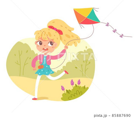 Girl playing with flying kite in park or playground. Happy kid doing outdoor summer activity vector illustration. Child running with toy in nature. Trees and flowers in background Girl playing with flying kite in park or playground. Happy kid doing outdoor summer activity vector illustration. Child running with toy in nature. Trees and flowers in background 85887690