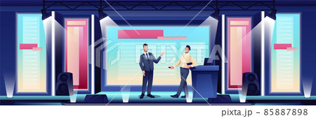 Business conference or seminar in auditorium hall. Speaker on podium giving presentation to audience vector illustration. Event or forum convention in modern center 85887898