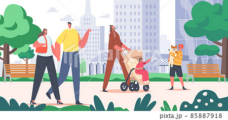 People Walking in City Park. Loving Couple Holding Hands, Mother Walk with Baby in Stroller, Child Hug Funny Dog 85887918