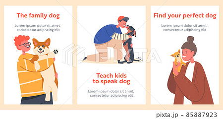 Children Hug Dogs Cartoon Banners. Happy Girls and Boys Kids Characters Cuddle with Pets, Hold Cute Puppies on Hands 85887923