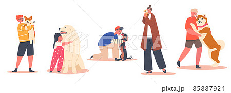 Children Hug Dogs, Girls and Boys Kids Characters Cuddle with Pets, Holding Cute Puppies on Hands Isolated on White 85887924