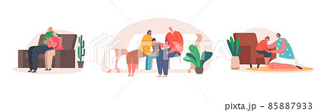 Parents Support their Children, Father and Mother Comforting Kids. Upset Son and Daughter Cry with Stressed Thoughts 85887933
