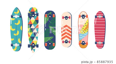 Set of Modern Teenager Skateboards with Graphic Prints Bottom View Isolated on White Background. Urban Culture for Teens 85887935