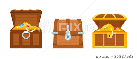 Wooden Chests with Open and Closed Lids. Pirate Treasure Box with Coins and Jewels Inside. Old Wood Trunk Vintage Coffer Wooden Chests with Open and Closed Lids. Pirate Treasure Box with Coins and Jewels Inside. Old Wood Trunk Vintage Coffer 85887938