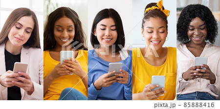 Collection of multiracial millennial ladies using mobile phones, panorama Collection of multiracial millennial ladies using mobile phones, panorama 85888416