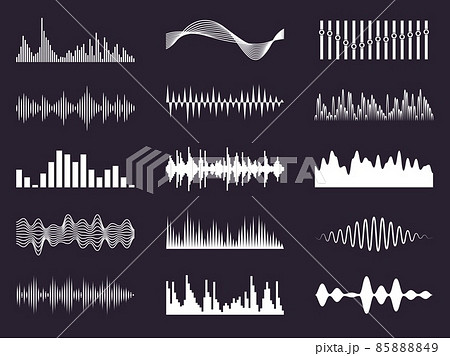 White music waves. Digital sonic visualization. Electronic graphic signals. Sound tracking equalizer. Audio symbols. Soundtrack recorder signs. Melody frequency. Vector waveforms set 85888849