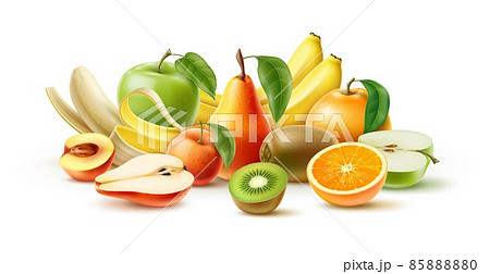 Juicy fruit. 3D appetizing fresh pear, bananas and apples. Whole and half peach. Vitamin kiwi and orange. Realistic natural vegetarian food. Plant products composition. Vector concept 85888880